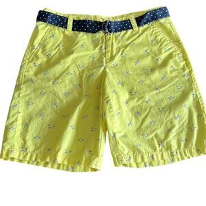 Merona Size 2 Yellow Bird Print Bermuda Shorts Belted Novelty Print Long